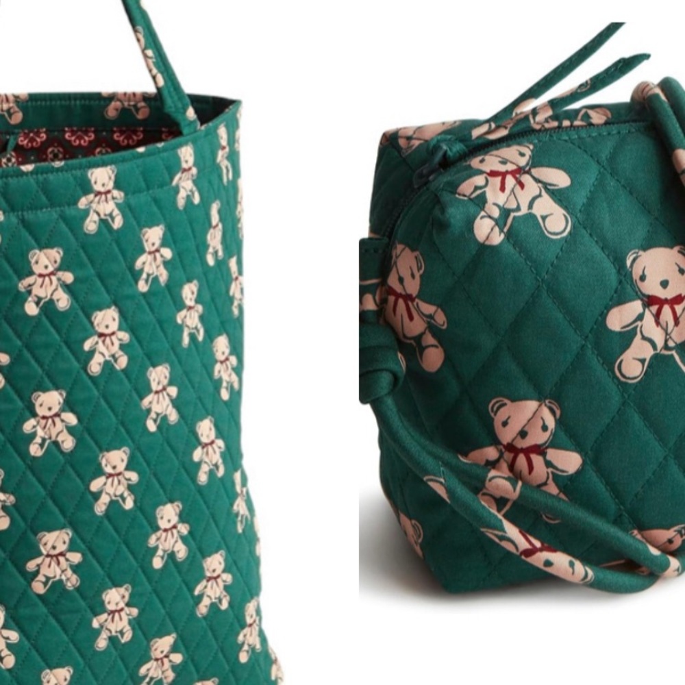 NWT Set Vera Bradley Green Teddy Bear Tote Bag. And mini crossbody bag.